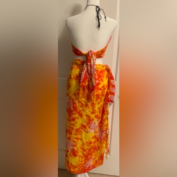 Bikini Top & Long Sarong Wrap Skirt, One Size, Orange, White & Yellow Color, EUC - Picture 6 of 10